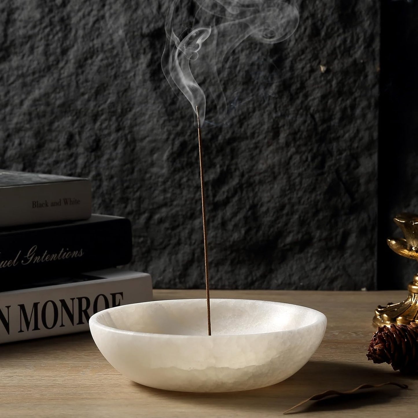 Koville Natural Marble Incense Holder, Incense Holder for Sticks with 9 Holes, Handmade Incense Burner Ash Catcher for Meditation Yoga SPA, Balsam Fir/Palo Santo/Sage/Cone (Green)