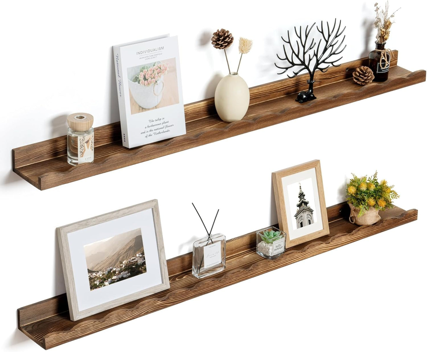 Fun Memories Picture Ledge Shelf for Wall, 24 inch Pine Wood Nursery Book Shelves Set of 2- Wall Book Shelves for Kids Room, Home Decor - Kitchen Spice-White