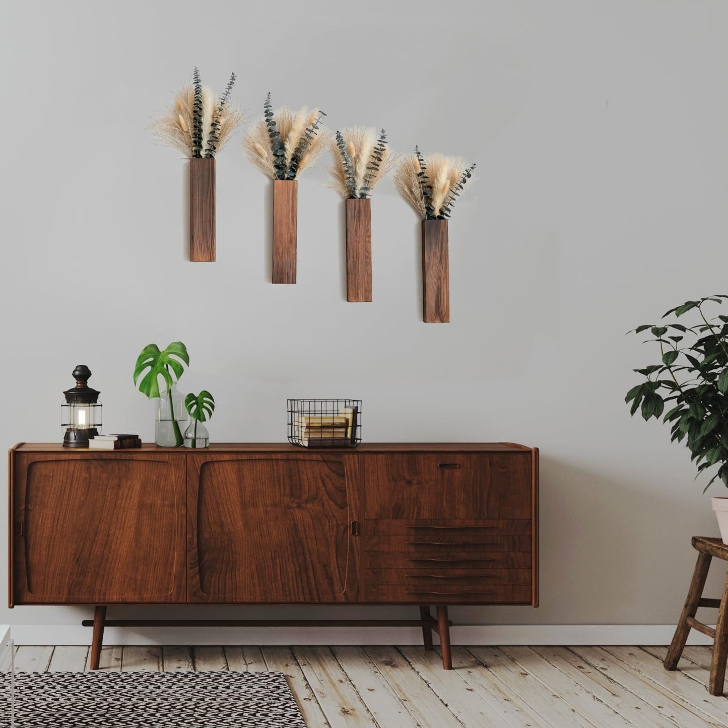 Set of 2 Wooden Vases with Pampas Grass and Eucalyptus – Boho Decor for Living Room, Modern Farmhouse Entryway or Bathroom, Rustic Art for Home Decoration
