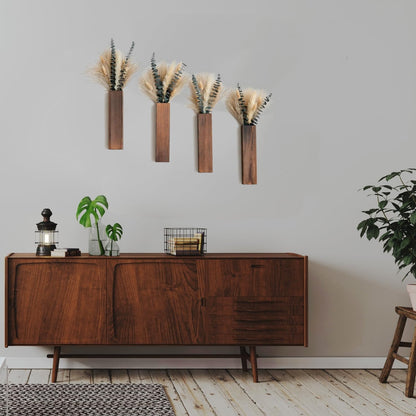 Set of 2 Wooden Vases with Pampas Grass and Eucalyptus – Boho Decor for Living Room, Modern Farmhouse Entryway or Bathroom, Rustic Art for Home Decoration