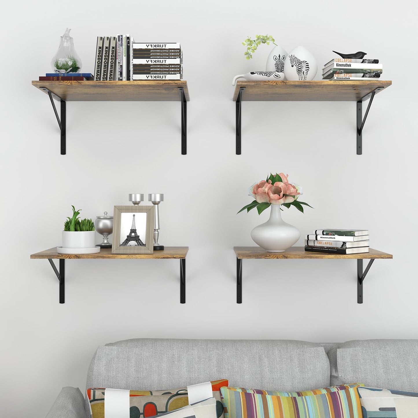 Deep Floating Wall Shelves - 4 Sets of 12 Inch Wide Black Wood Shelves for Bathroom, Bedroom, Kitchen, Living Room
