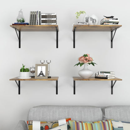 Deep Floating Wall Shelves - 4 Sets of 12 Inch Wide Black Wood Shelves for Bathroom, Bedroom, Kitchen, Living Room