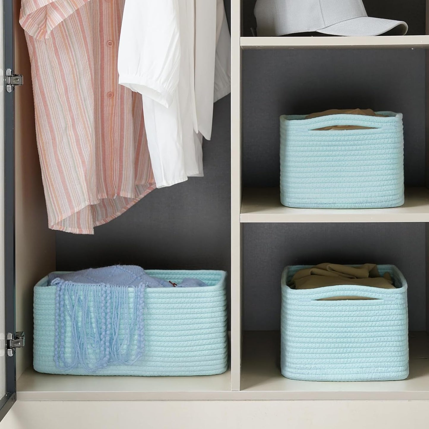 3-Pack Small Storage Baskets for Organizing | Woven Shelf Toy Basket | Rope Baskets for Gifts Empty | Closet Organizer Bins with Handles | Cube Decorative Box | 11.8×7.8×5.1” | Mixed brown