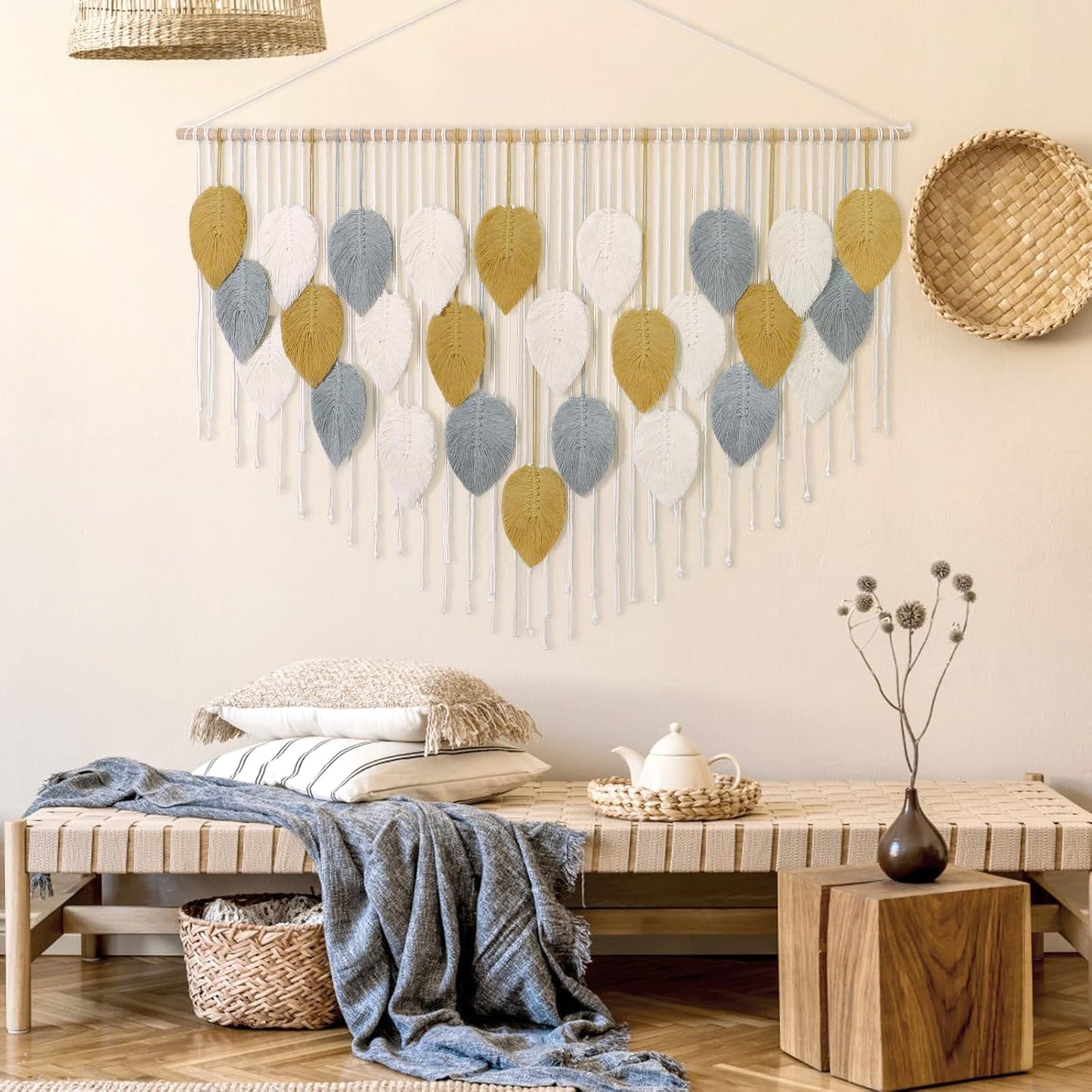 LOMOHOO Macrame Wall Hanging Boho Beige Leaves Tapestry Bohemian Handmade Woven Wall Art Decoration for Bedroom Living Room Apartment Dorm Gallery Perfect Handmade Gift Ideas