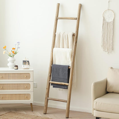 FUIN 57in Wood Blanket Ladder Living Room Decorative Wall Leaning Farmhouse Quilt Display Holder Rustic Wooden Towel Rack for Bathroom, Brown