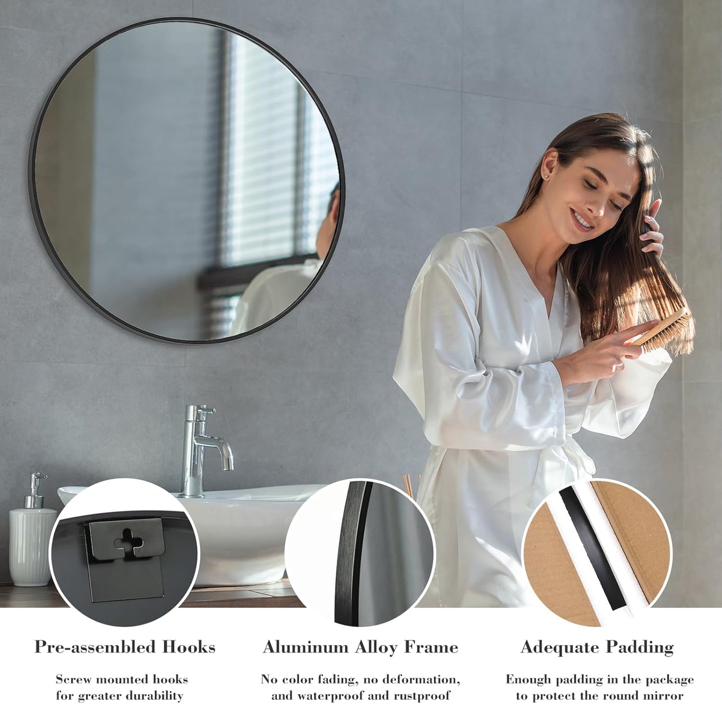 Sweetcrispy 24 Inch Round Wall Mirror with Tempered Glass, Bathroom Mirror Over Sink, Anti-Fog & Waterproof Round Mirror for Bathroom, Entryway, Bedroom, Shatterproof Design, Black