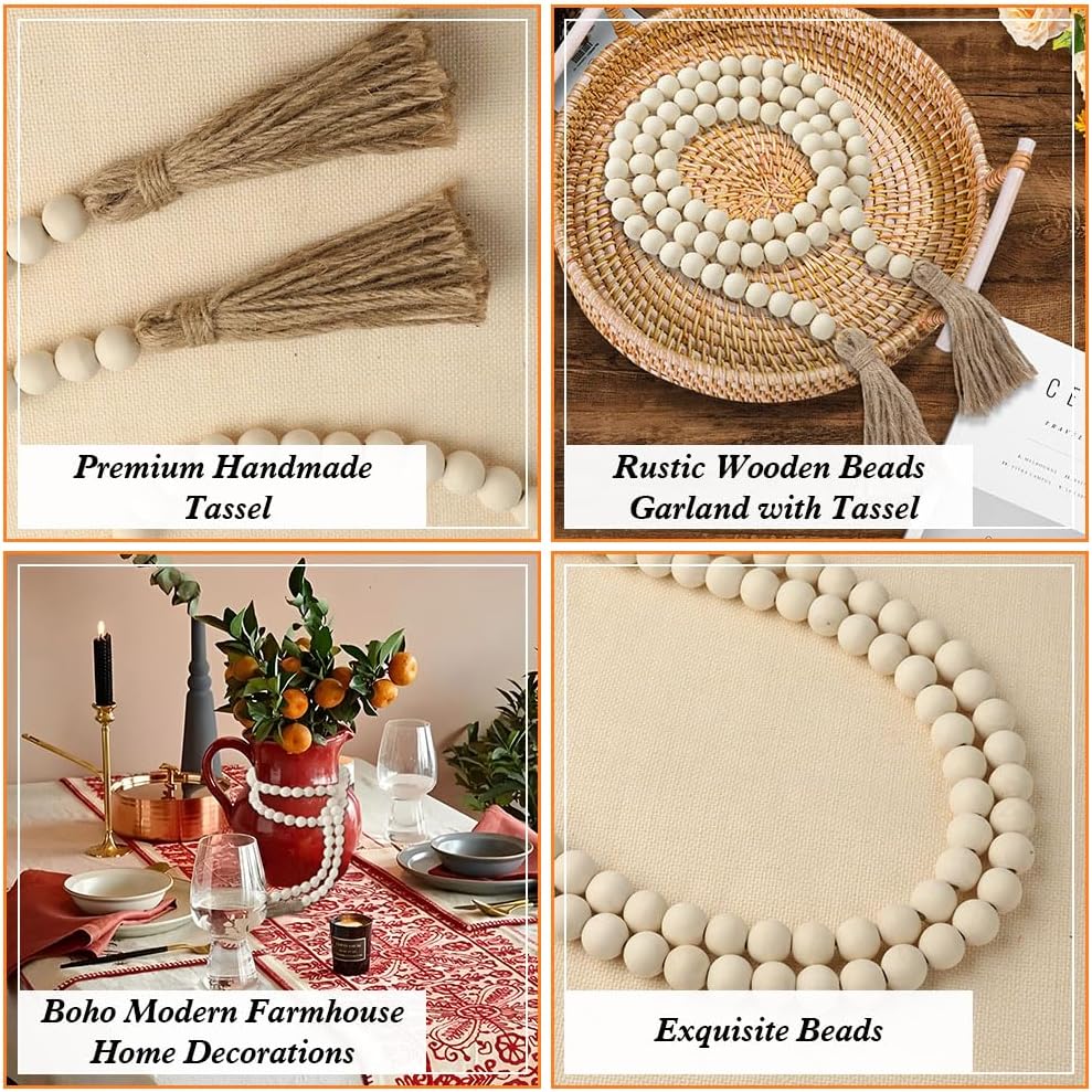 Wood Bead Garland 58 Inch Nature Wooden Beads for Boho Farmhouse Table Home Decor with Tassel, Wooden Prayer Bead, Rustic Country Boho Wall Hanging Decor for Kitchen Modern Living Room Tray Vase Shelf