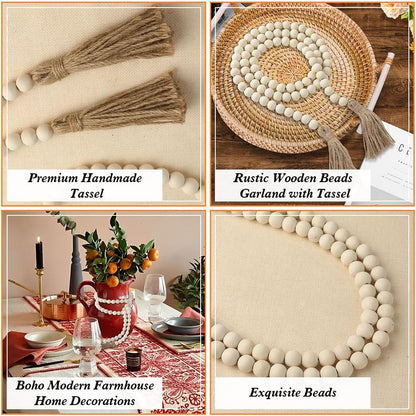 Wood Bead Garland 58 Inch Nature Wooden Beads for Boho Farmhouse Table Home Decor with Tassel, Wooden Prayer Bead, Rustic Country Boho Wall Hanging Decor for Kitchen Modern Living Room Tray Vase Shelf