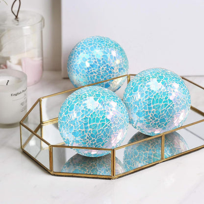 3Pcs Mosaic Glass Orbs Decorative Balls Set 8.5cm/3.35inch Blue Sphere Wedding Party Home Decor Table Centerpiece