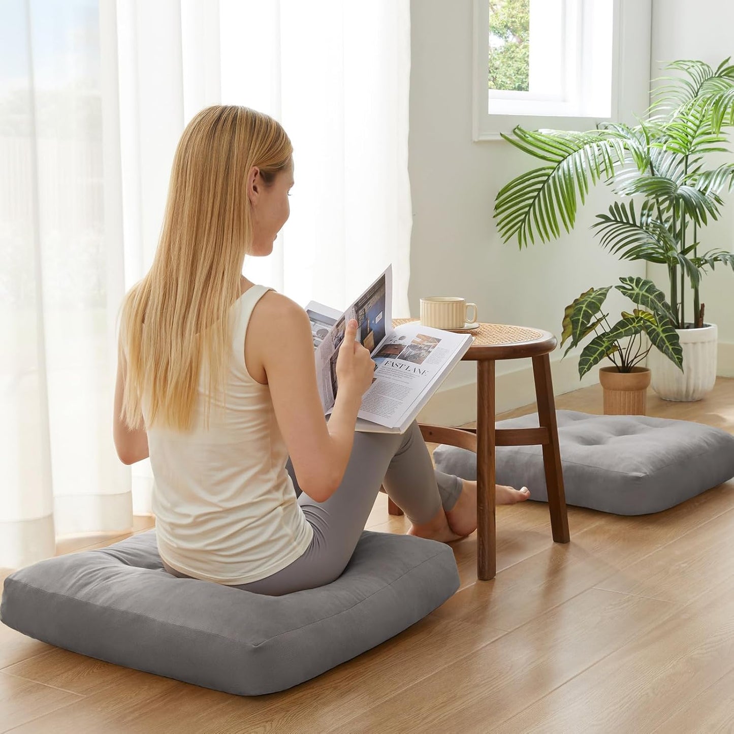 Meditation Floor Pillow Set of 1, Square Large Pillows Seating for Adults, Meditation Cushion Pillow,Tufted Corduroy Cushion for Tatami Living Room or Yoga, Light Gray, 22x22 Inch