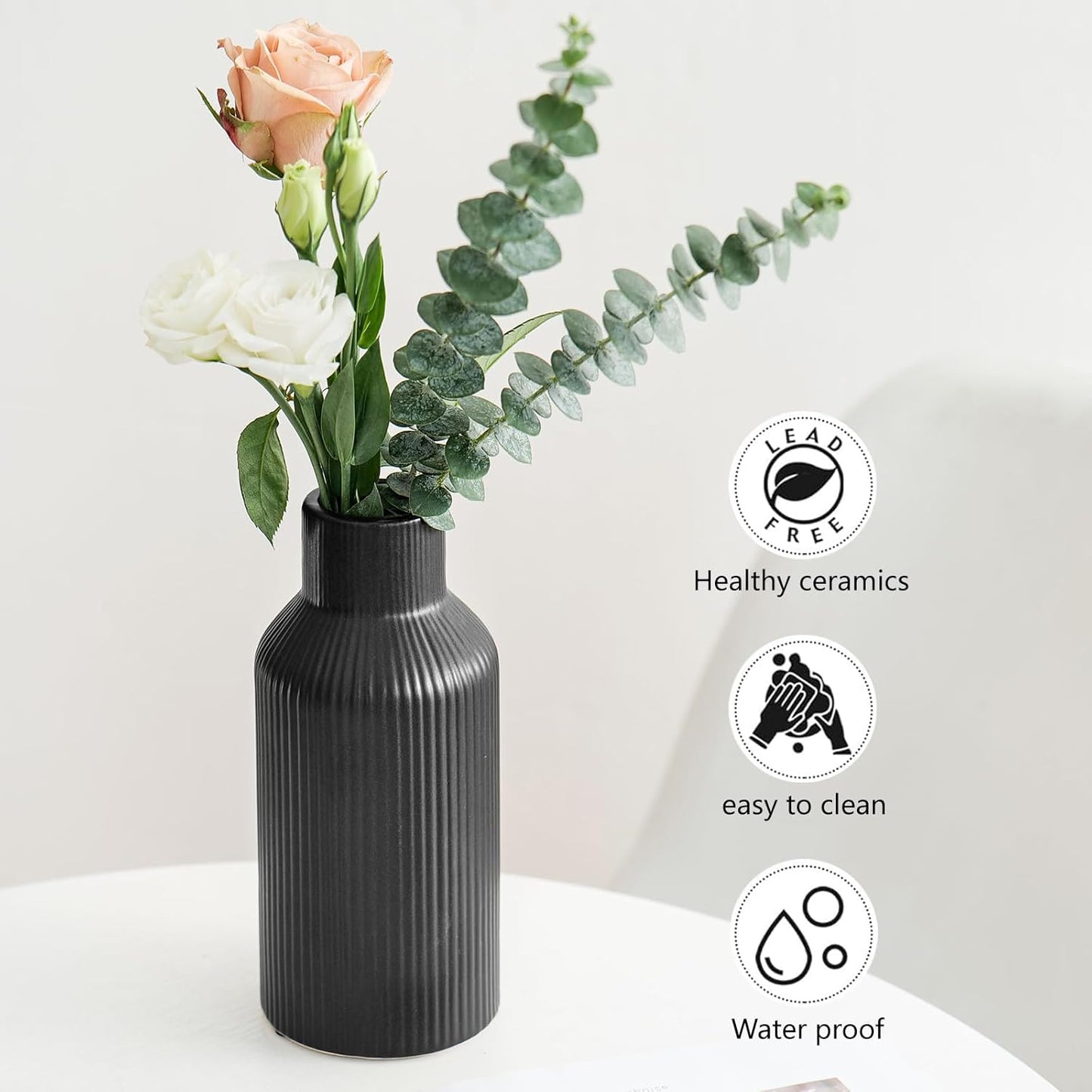 Bohemian White Ceramic Vase - for Pampas Grass, Mantel, Bookshelf, Entryway and Living Room Decor (White, 7in)