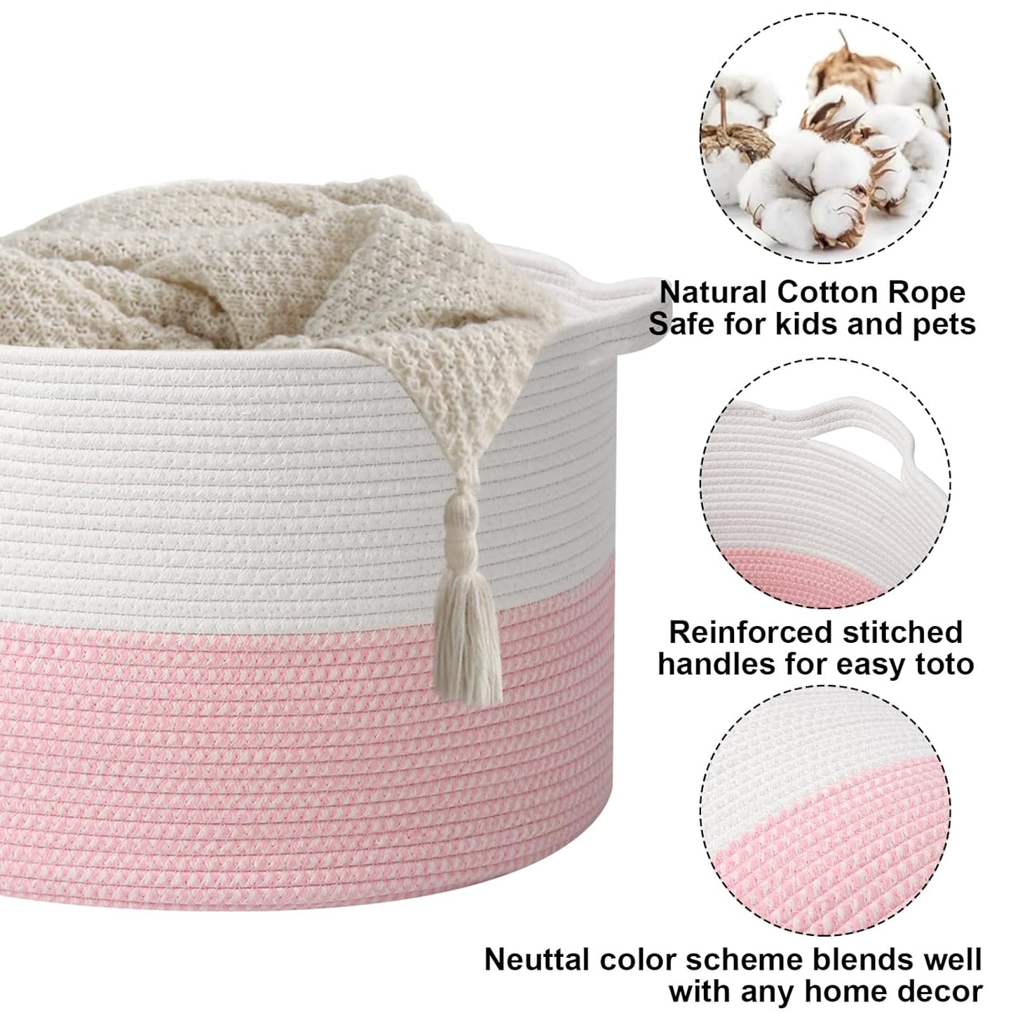 Large Woven Blanket Basket,65L Cotton Rope Laundry Basket Hamper with Handles, Decorative Nursery Basket Storage Bin for Toys, Clothes Organizer, Living Room, Bedroom, Bathroom, White & Brown