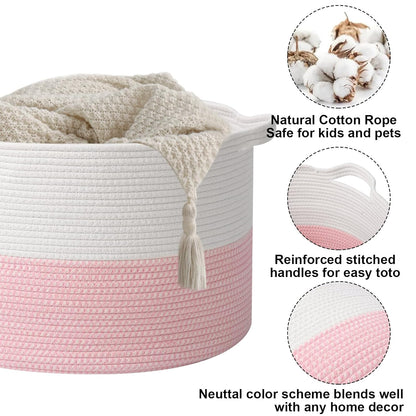 Large Woven Blanket Basket,65L Cotton Rope Laundry Basket Hamper with Handles, Decorative Nursery Basket Storage Bin for Toys, Clothes Organizer, Living Room, Bedroom, Bathroom, White & Brown