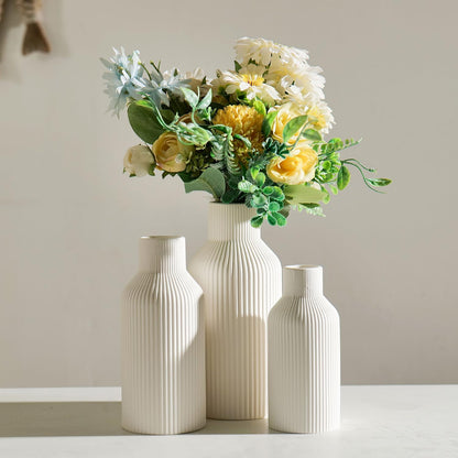 Bohemian White Ceramic Vase - for Pampas Grass, Mantel, Bookshelf, Entryway and Living Room Decor (White, 7in)