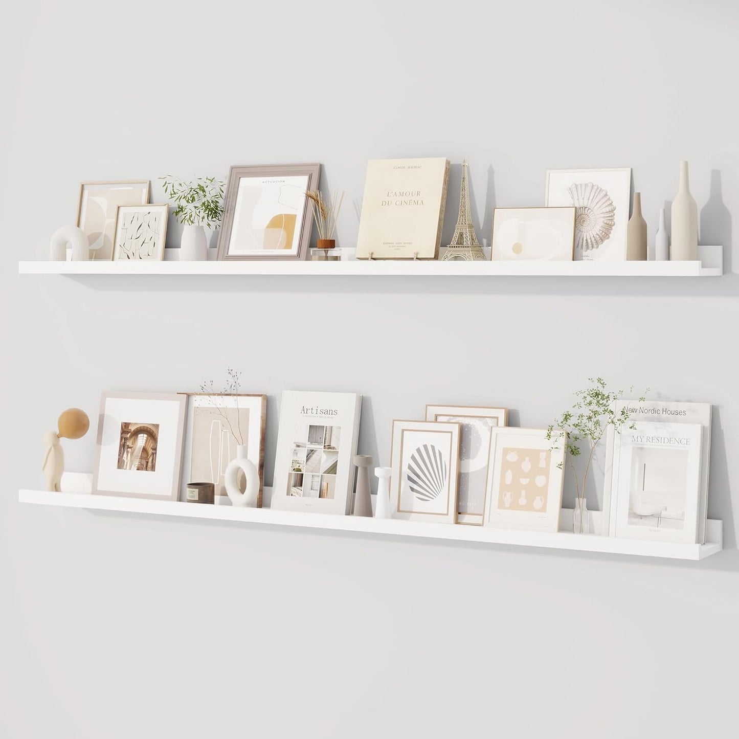 Dreamland Picture Ledge Shelf for Wall, Floating Shelves Set of 2, 48 Inch Long Floating Shelves with Lip for Living Room, Bedroom, Bathroom, Kitchen, White