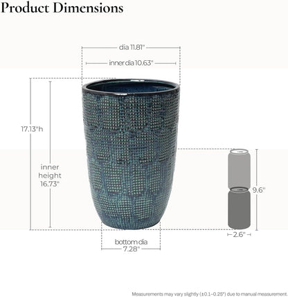 LuxenHome 15.75" Dia Large Ceramic Pots for Plants, Blue Glazed Planters for Outdoor Plants, Round Indoor Flower Pots with Drainage Hole and Rubber Plug for Home Garden Patio
