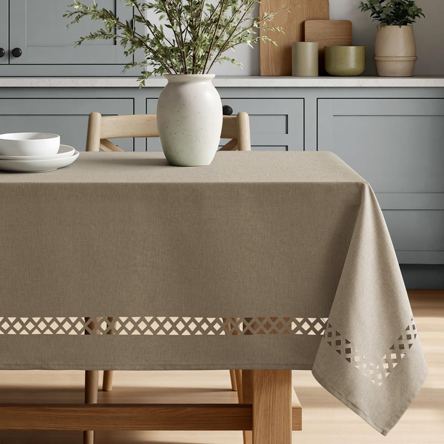 MIULEE Beige Rectangle Linen Polyester Tablecloth with Decorative Cutouts Spring Waterproof Stain Resistant & Shrink-Proof Table Cloth 52x70 inch Farmhouse Style for Dining Wedding and Outdoor
