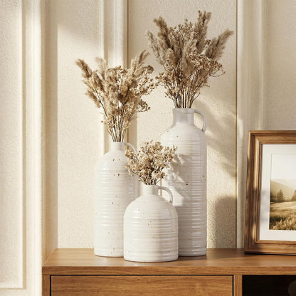 Firehold Ceramic Vase Set of 3, Rustic Home Decor Vases for Modern Farmhouse, White Boho Flower Vases for Shelf, Mantel, Table Decor, Small Decorative Vase for Dried Flowers & Pampas Grass