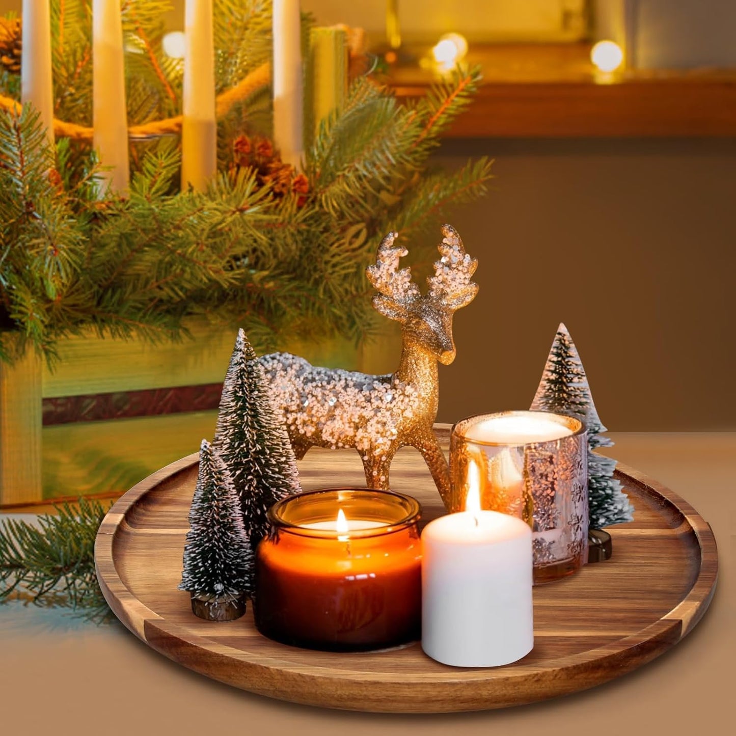 Round Decorative Tray for Coffee Dining Table Countertop Small Wooden Serving Trays Farmhouse Kitchen Home Living Room Decor and Bathroom Accessories Tray Black Rustic Wood Candle Centerpiece Trays