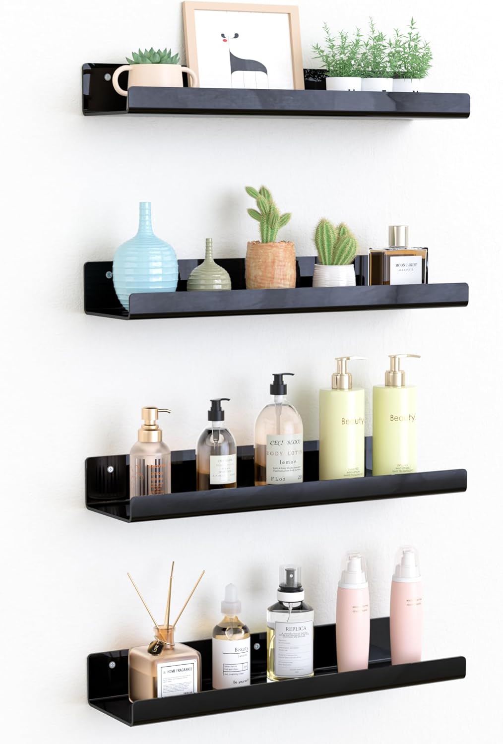 upsimples Acrylic Shelves for Bathroom Storage, 15" Floating Shelves Wall Organizer for Perfume, Make up, Skincare, Kids Bookshelf for Bedroom, Nursery, Living Room Decor, Clear, 4 Pack