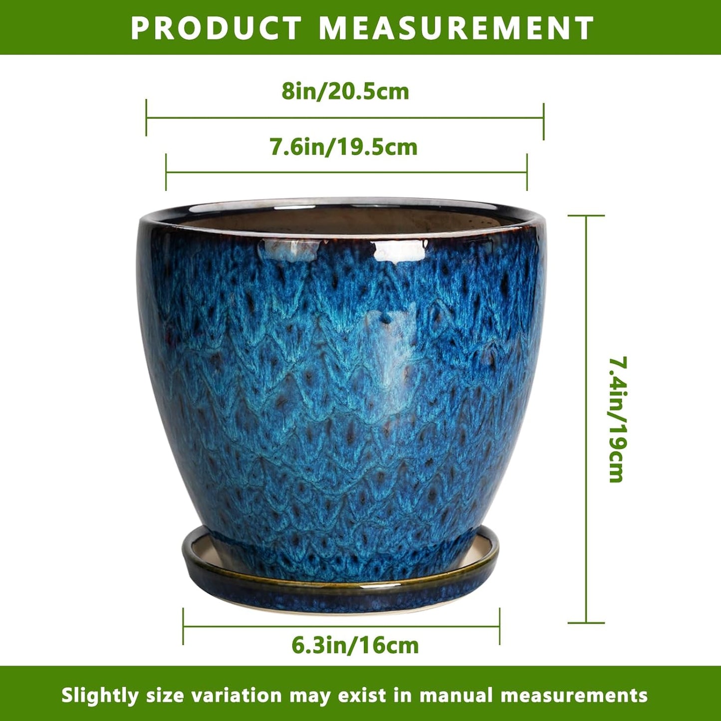 10 Inch Ceramic Planter Pot Round Plant Pot for Indoor Plants Outdoor Large Flower Pot with Drainage Hole and Saucer Blue