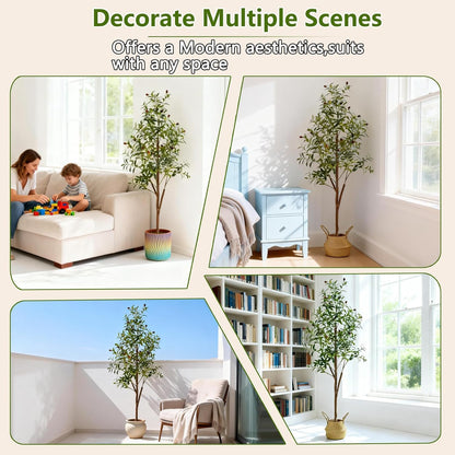 6FT Artificial Olive Tree Indoor, Tall Faux Olive Tree with Pot&Basket, Large Fake Olive Tree with Realistic 1080 Silk Leaves and 60 Fruits for Living Room Home Office Decor.