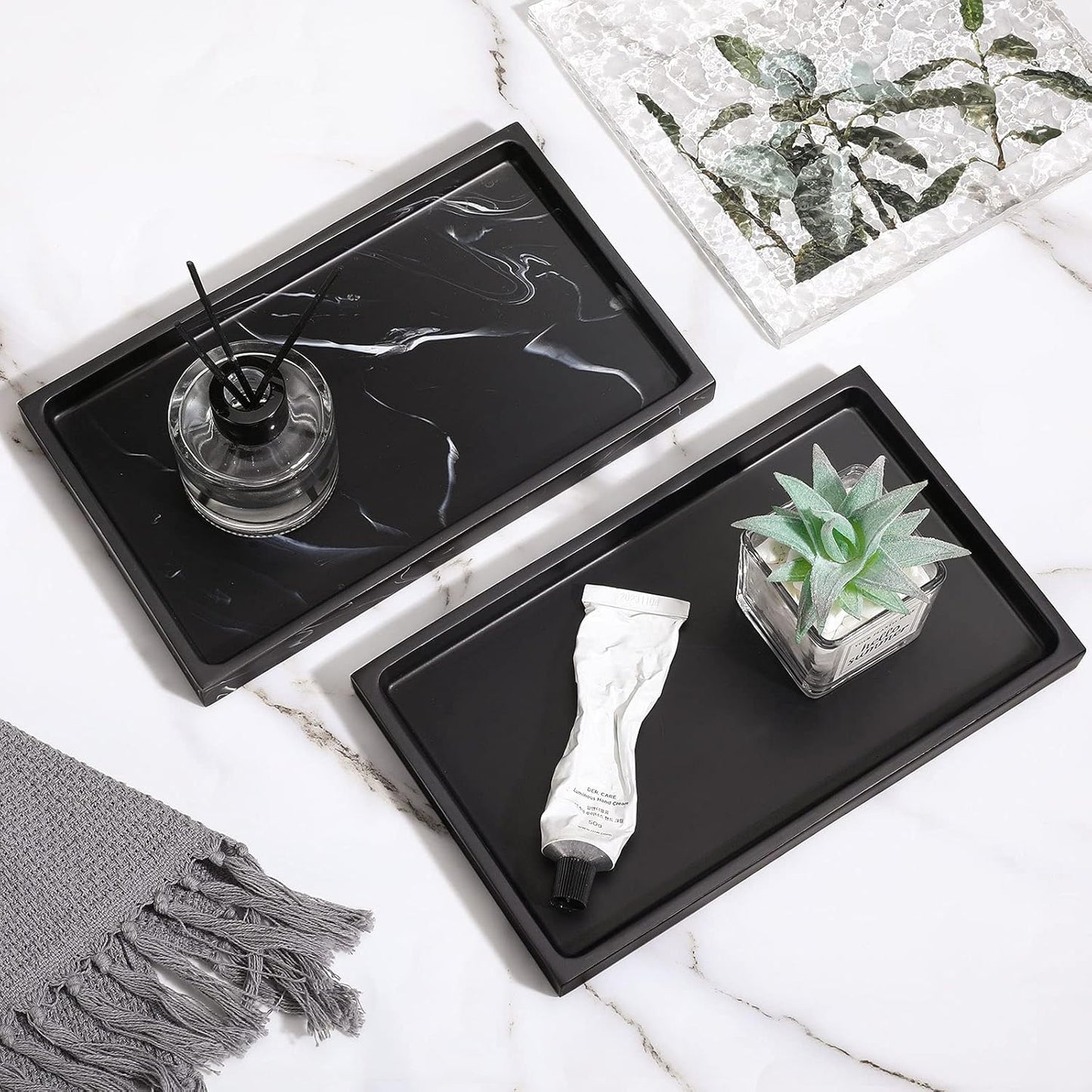 Luxspire Bathroom Vanity Tray, 8 x 4 inch Resin Kitchen Sink Tray for Soap Dispenser Bathroom Countertop Organizer Plate Holder for Perfume Soap Towel Bathroom Accessories, Mini, White Marble
