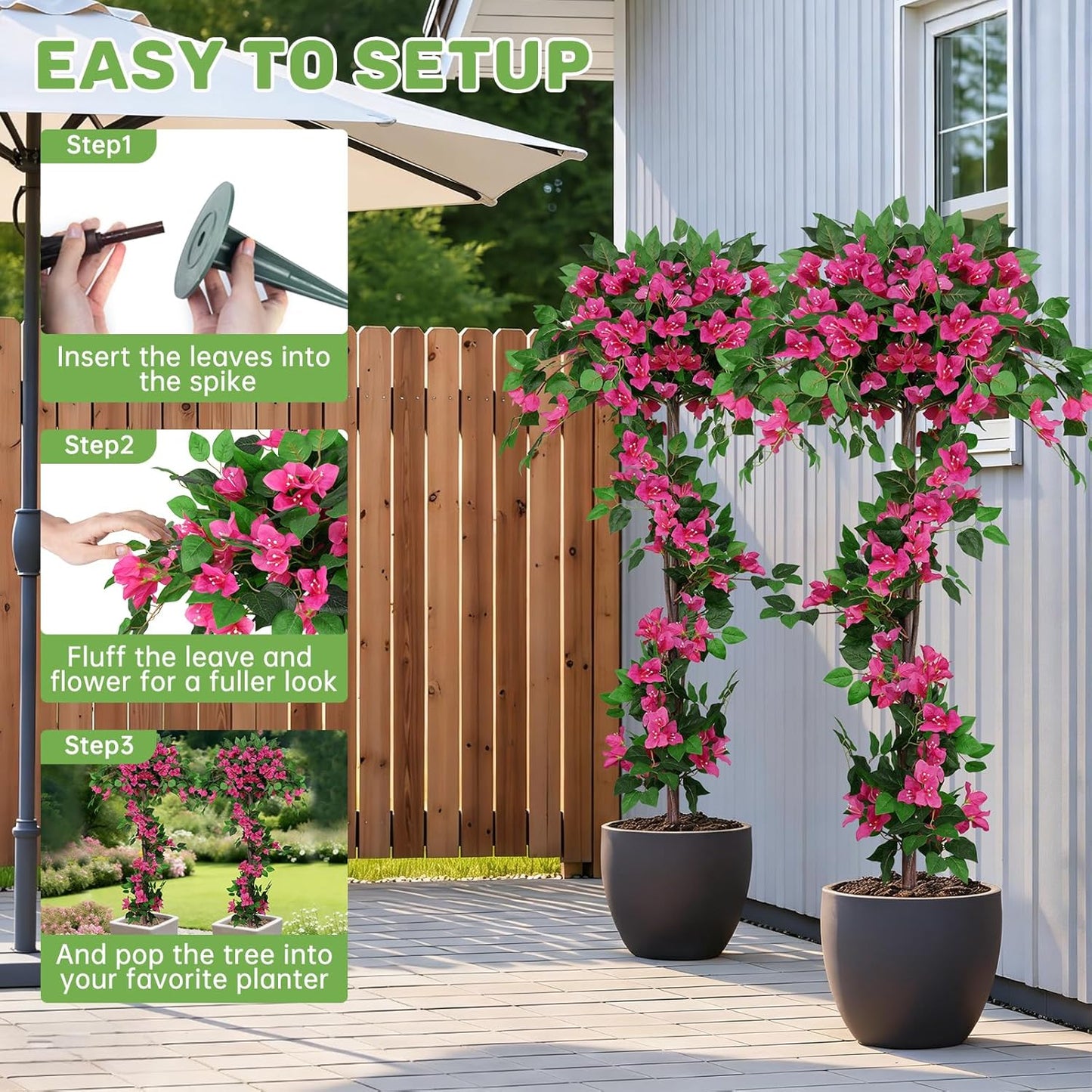 2Pack 4FT Artificial Bougainvillea Topiary Trees for Outdoor, Fake Silk Flowers Plants Bushes with Ground Spike, Faux UV Resistant Shurbs Trees for Outside,Front Porch,Patio,Balcony Decor