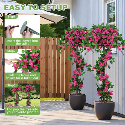 2Pack 4FT Artificial Bougainvillea Topiary Trees for Outdoor, Fake Silk Flowers Plants Bushes with Ground Spike, Faux UV Resistant Shurbs Trees for Outside,Front Porch,Patio,Balcony Decor