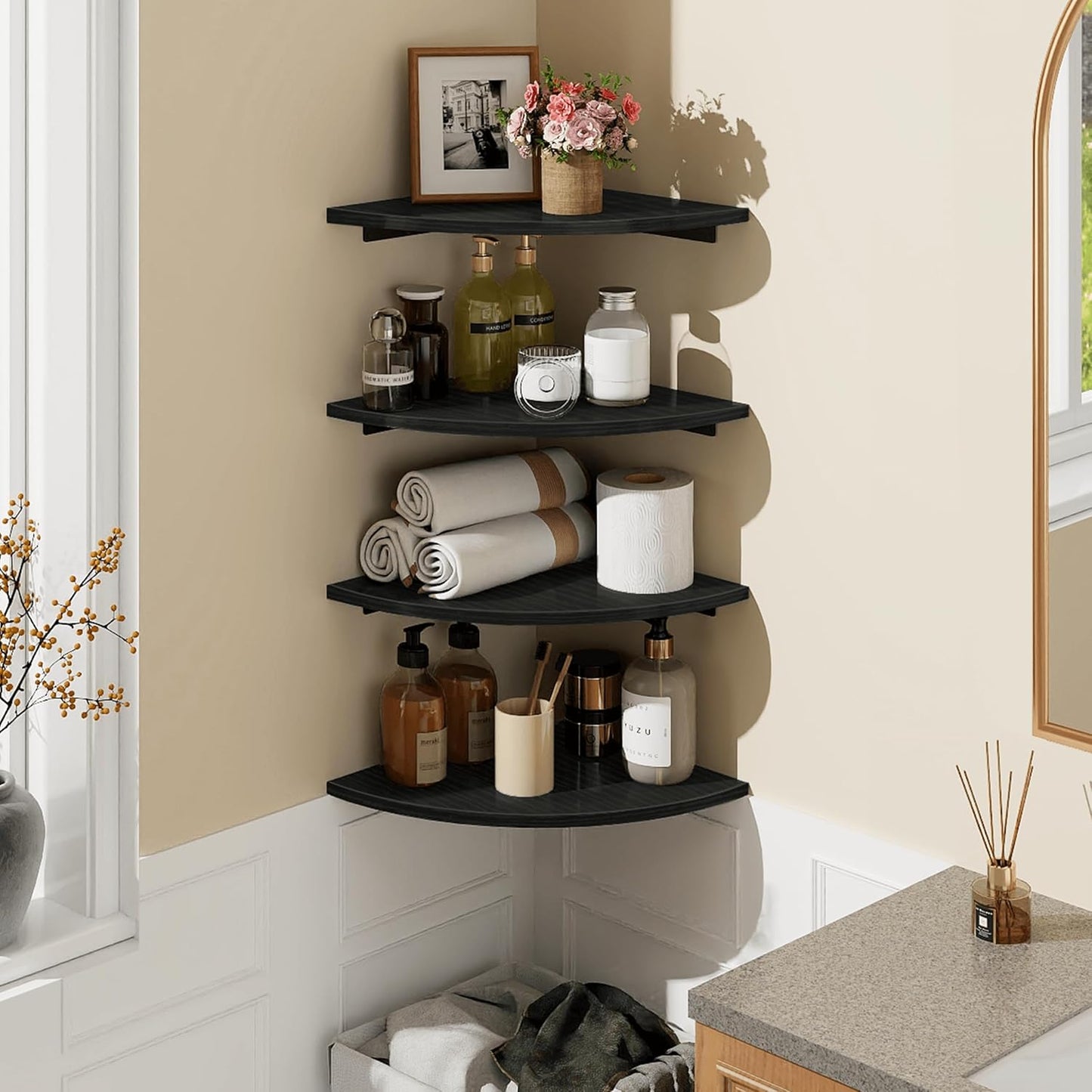 Homode Corner Wall Shelf, 12 in Wide Rounded Corner Shelf Floating, Set of 2 Wooden Hanging Corner Shelves with Wire Hole for Bathroom Living Room Office, White