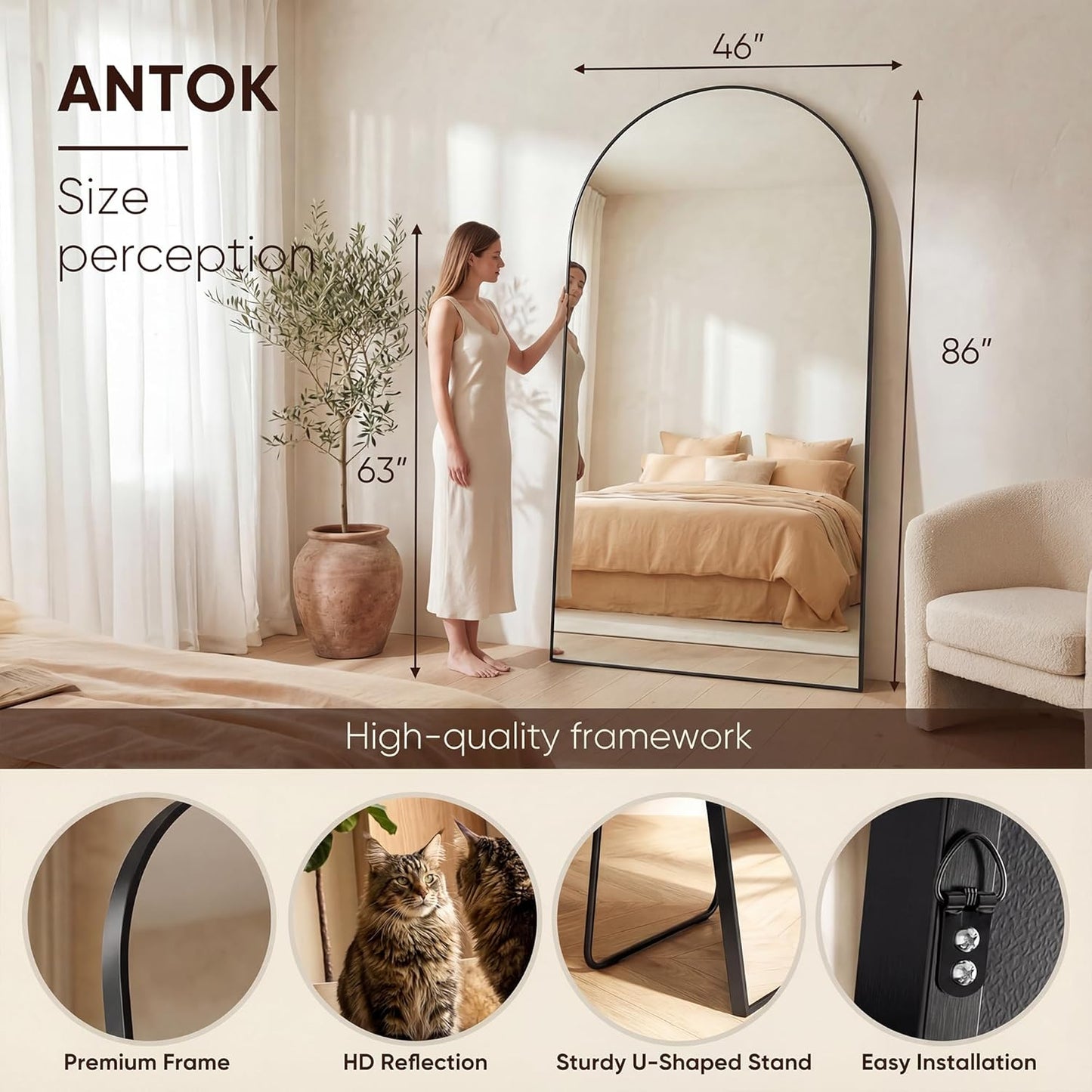 Antok 71" x28” Arched Full Length Floor Mirror, Black Aluminum Frame, Free Standing/Wall Mount/Leaning for Bedroom, Living Room, Dressing Room
