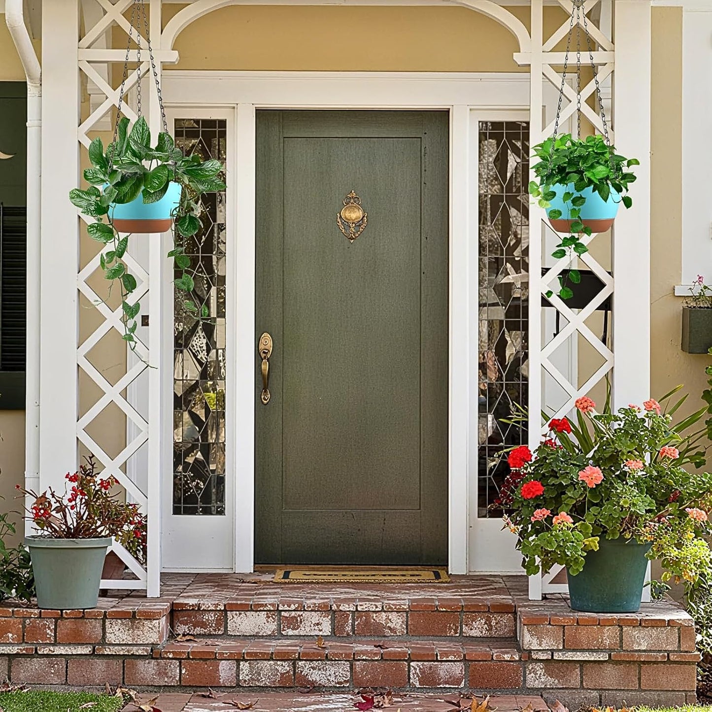 Set of 2 Hanging Planters for Indoor Outdoor Plants, 8 Inch Self-Watering Hanging Flower Pots with Drainage Hole & Removable Water-Storage Tray (Hooks)
