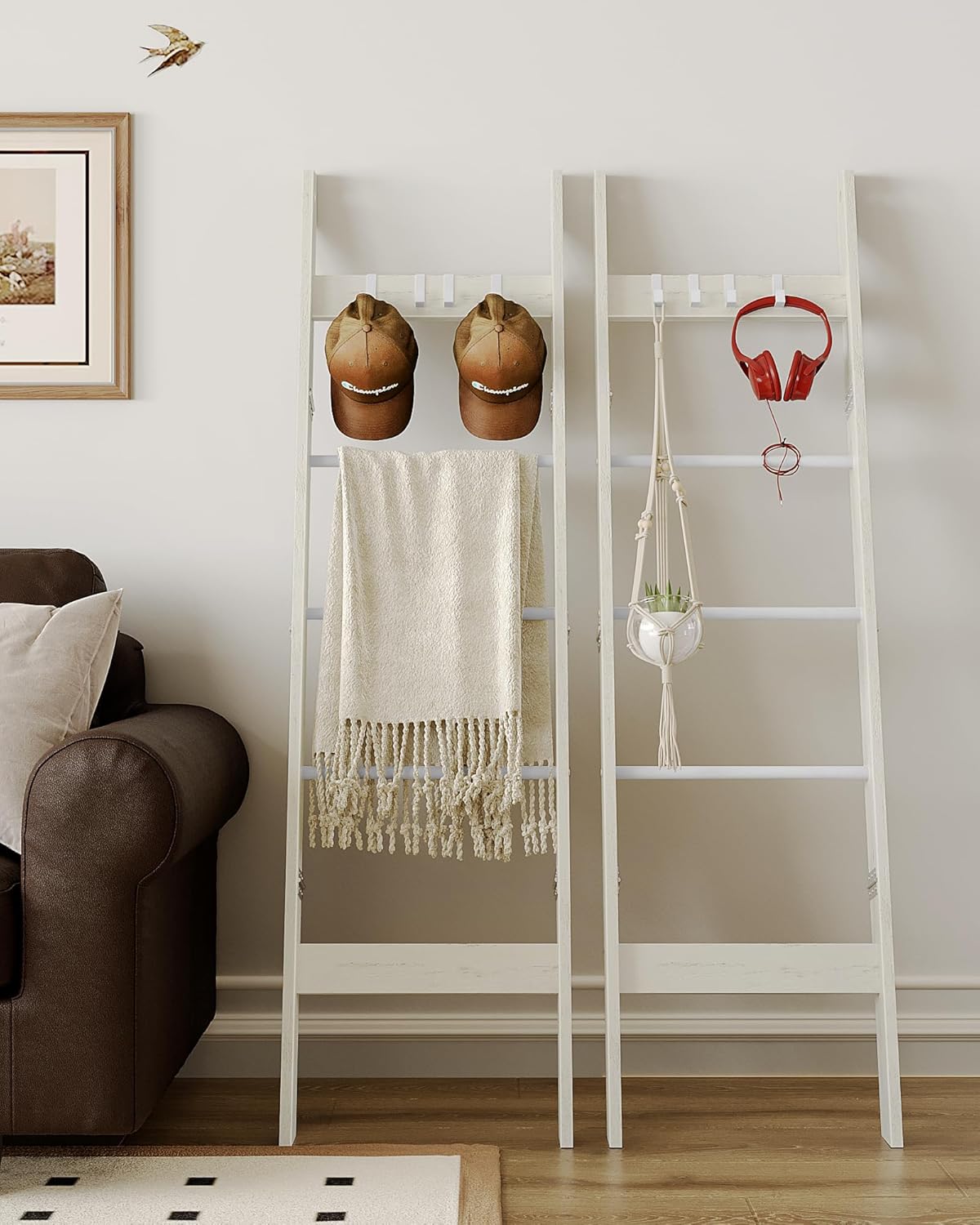 Hzuaneri Blanket Ladder for Living Room, Decorative Quilt Rack with 4 Removable Hooks, 5-Tier Farmhouse Ladder Holder Shelf Organizer for Bedroom, Rustic Brown and Black 02101BBR