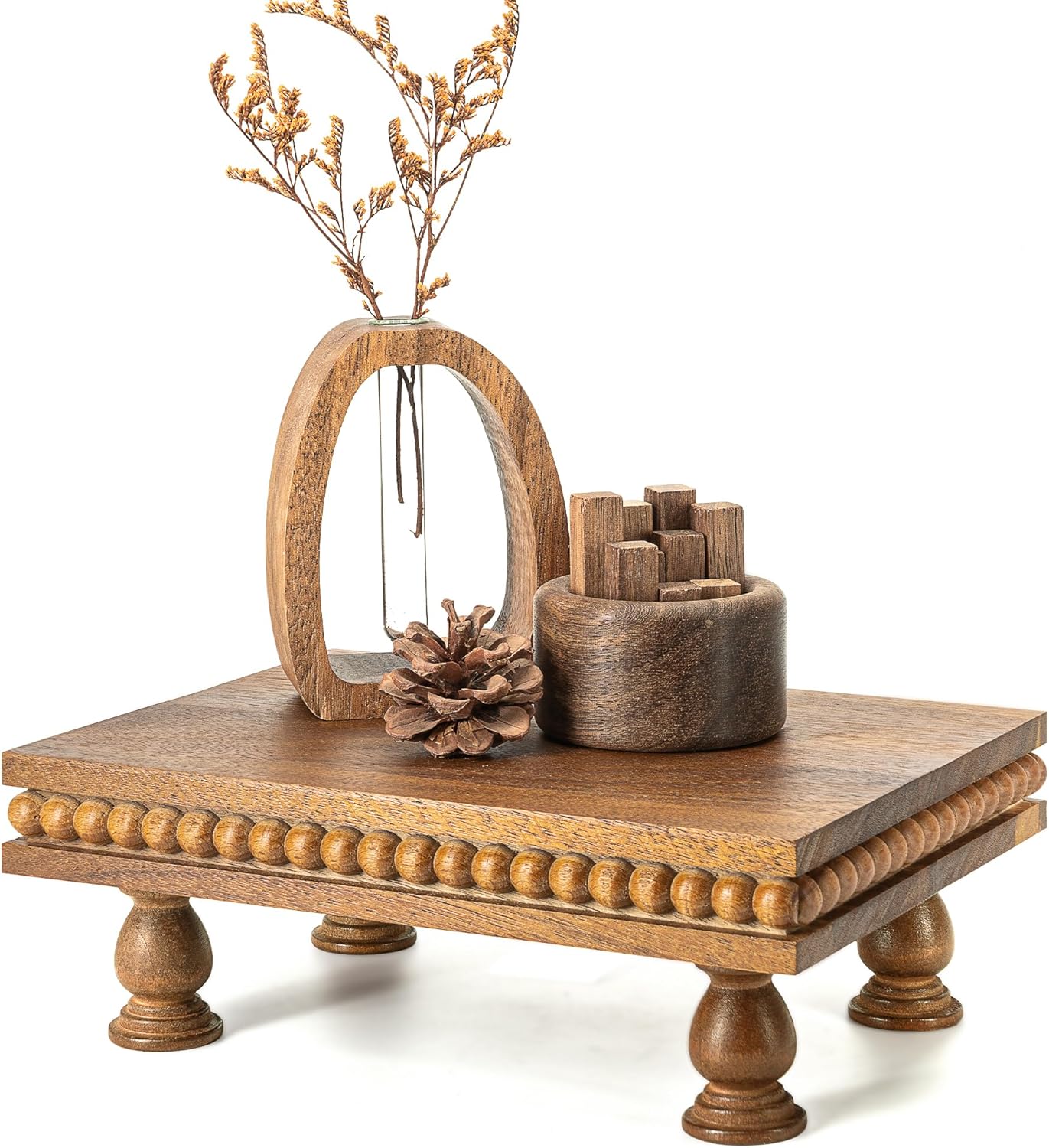 EOSAHR Pine Wood Display Riser – Boho Pedestal Stand for Home Decor, Showcasing Apartment Essentials, Perfume Tray or Coffee Table Accents – Modern Farmhouse Decor(Old Black)