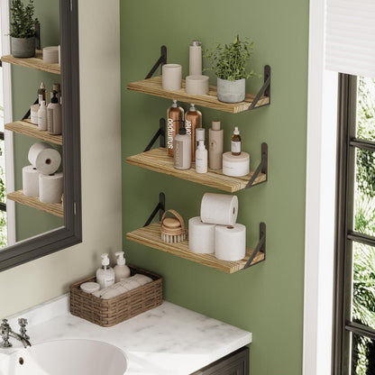 YGEOMER Brown Floating Shelves for Wall, 16.5 Inch Farmhouse Wall Shelves for Bedroom, Bathroom Storage, Living Room and Kitchen Decor (Set of 6 Brown)