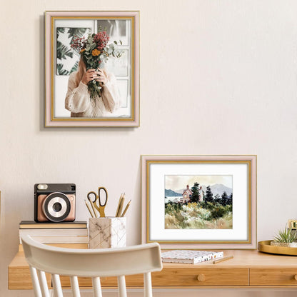 Golden State Art,11x14 Ornate Picture Frame for 8x10 Photo with Mat or 11 x 14 Prints without Mat,Real Glass Wall Display(Color:Green Gold)