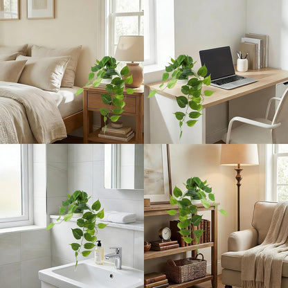 Artificial Pothos Hanging Plants 2 Pack with Pots, Realistic Fake Hanging Plants Indoor, Faux Greenery Vines for Shelf, Bathroom, Living Room, Office Decor