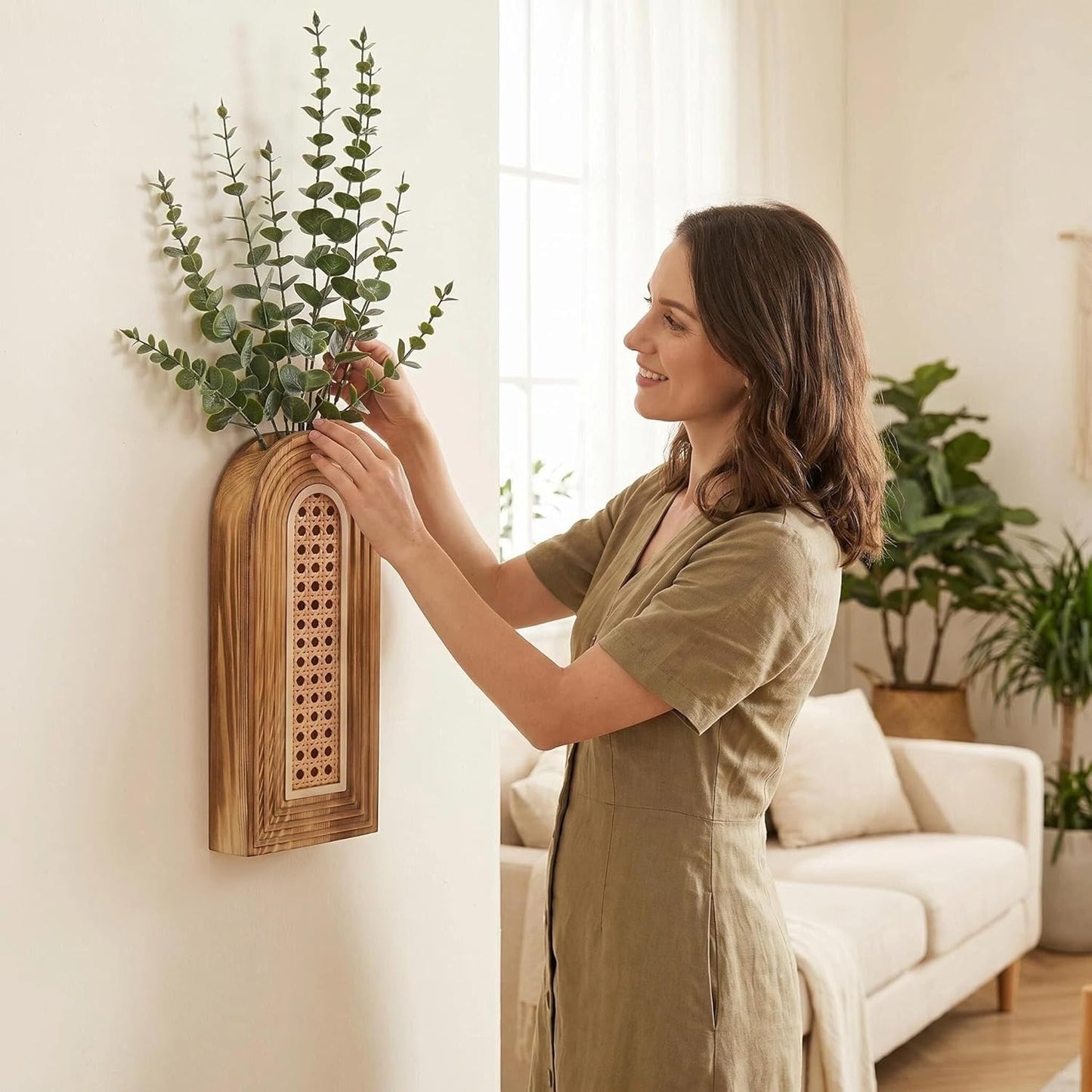 Dnnnii 2 Pack Wooden Wall Vase Set - Brown Finish Modern Farmhouse & Boho Wall Decor for Entryway, Hallway, Bathroom, Living Room, Dining Room, Narrow Spaces