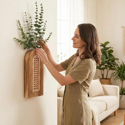 Dnnnii 2 Pack Wooden Wall Vase Set - Brown Finish Modern Farmhouse & Boho Wall Decor for Entryway, Hallway, Bathroom, Living Room, Dining Room, Narrow Spaces
