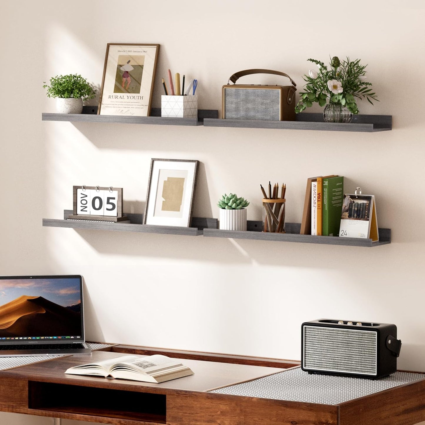 upsimples 6 Pack Wooden Floating Shelves, Wall Storage Decor Shelf for Bathroom, Bedroom, Living Room, Kitchen, Office and Laundry Room, Wall Mounted Display Hanging Shelf, Brown