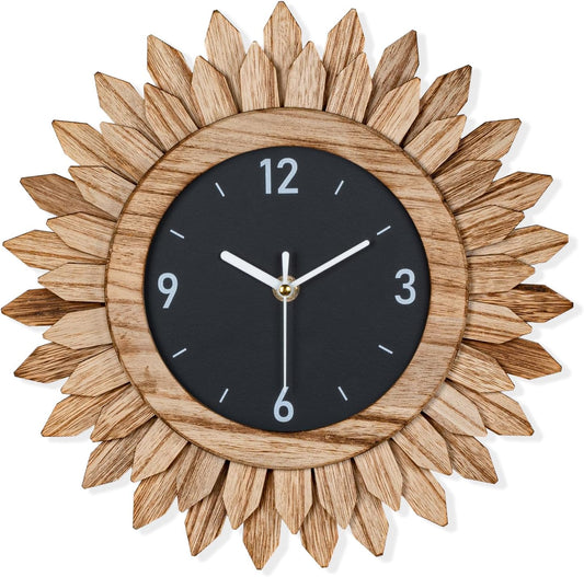 Honiway Wall Clock Battery Operated 12 in Rustic Wood Boho Sunburst Decorative Wall Clock Silent Non Ticking Farmhouse Small Wall Clocks for Living Room Kitchen Bathroom Bedroom Decor (Tricolor)