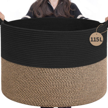 INDRESSME XXXLarge Blanket Basket for Living Room 21.7" x 21.7" x 13.8"-Storage Basket with Handle for Organizing Toy Pillows Woven Cotton Rope Laundry Basket Stuffed Animal Toy Storage for Play Room