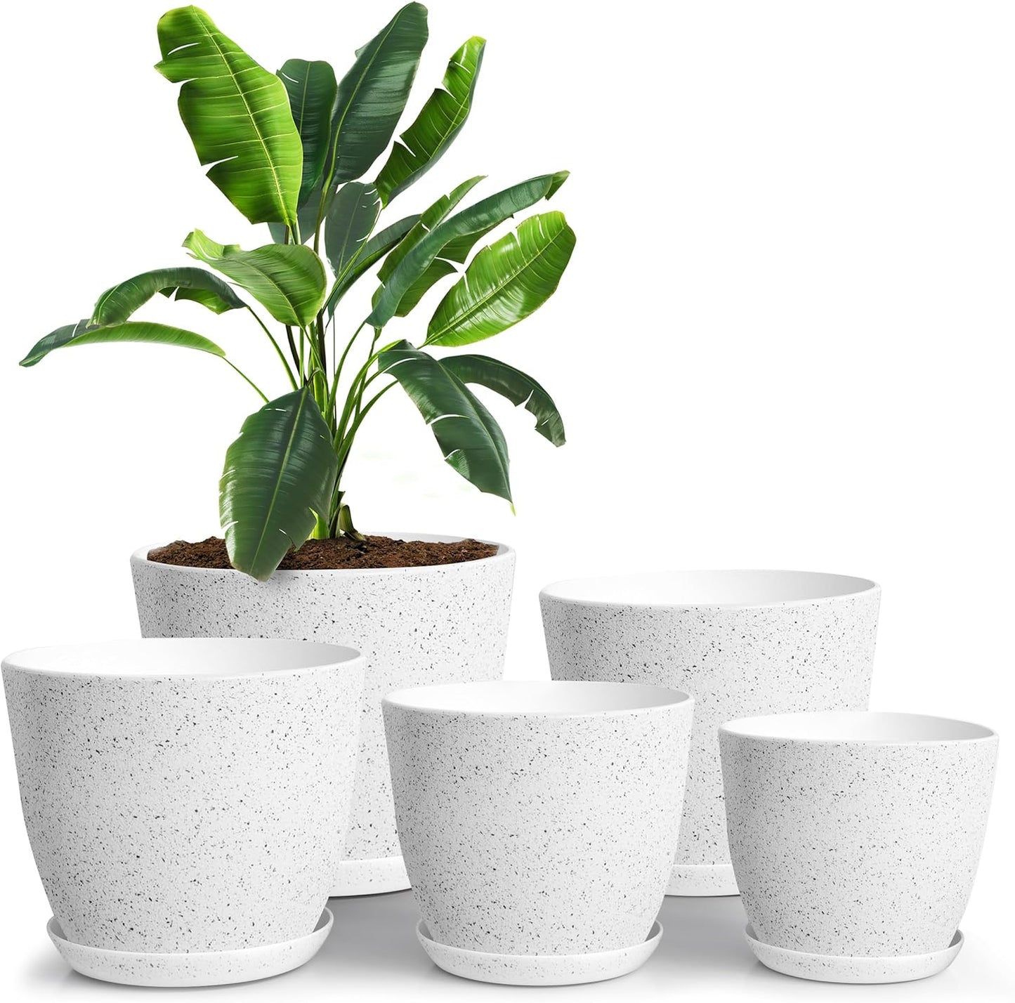 Utopia Home Plant Pots Indoor with Drainage Holes – Set of 5 White Plastic Flower Pots (7/6.6/6/5.3/4.8 Inch) – Modern Planters for Indoor Plants, Room & Office Décor, Great Stocking Stuffers