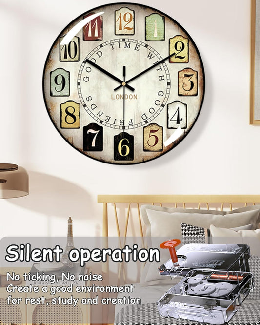 Decorative Wall Clock Battery Operated, 12-Inch Retro Vintage Floral Butterfly Pattern, Glass Dial, Silent Non-Ticking, Roman Numerals, for Living Room Bedroom Office