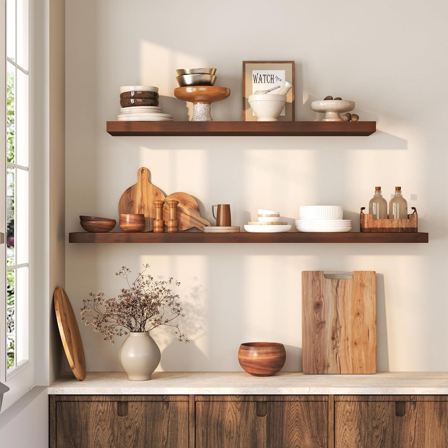 Floating Shelves 36 Inches Long - 8 Inch Deep Rustic Premium Solid Pine Wood for Storage - Farmhouse Wall Mounted for Living Room - Heavy-Duty Metal Bracket - 36" W x 8" D - Set of 2 - White Color