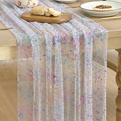 Artoid Mode Beige Gold Gauze Table Runner 120 Inch 10FT, Glitter Metallic Foil Sheer Dining Wedding Anniversary Holiday Birthday Table Decor for Home Party