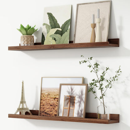 FLYJOE Picture Ledge Shelf, Floating Shelves Set of 2, 48 Inches Long Large Nursery Book Shelves for Toys Storage, Kids Bookshelf Wall Mounted for Living Room Bedroom Decor Books Photo Frames, Walnut