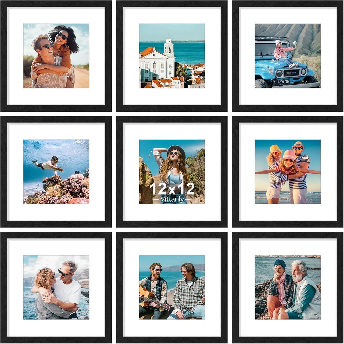 Vittanly 8x10 Picture Frames Set of 9, Shatter Resistant Plexiglass, Display 5x7 Pictures with Mat or 8x10 without Mat, Photo Frames for Wall or Tabletop, Engineered Wood, Black - Colors A