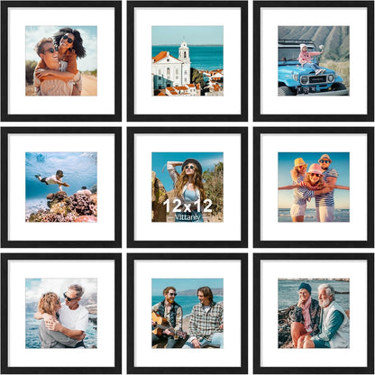 Vittanly 8x10 Picture Frames Set of 9, Shatter Resistant Plexiglass, Display 5x7 Pictures with Mat or 8x10 without Mat, Photo Frames for Wall or Tabletop, Engineered Wood, Black - Colors A