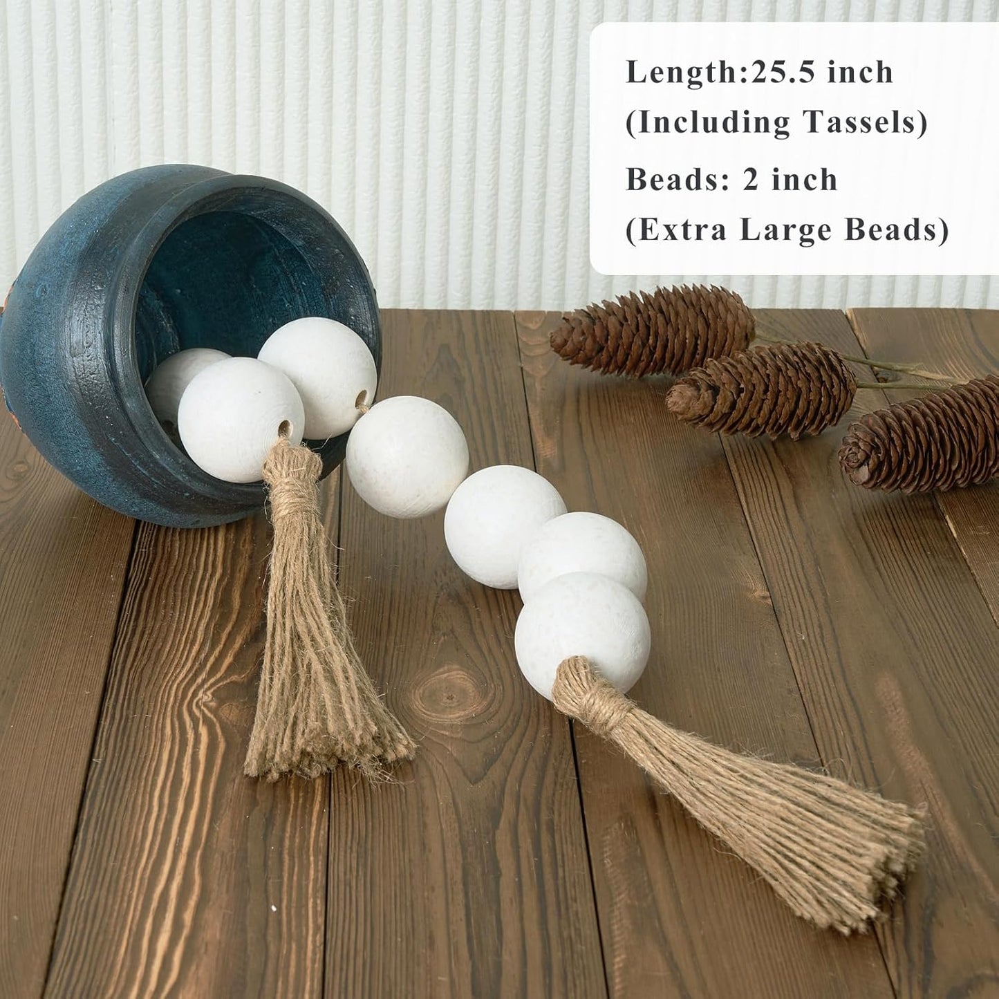 OMISHE Extra Large Wood Bead Garland with 2" Diameter Wooden Beads, 25.5" Long Rustic Farmhouse Decorative Wooden Beads Garland with Tassels, Boho Decorations for Home Table Mantle, Black